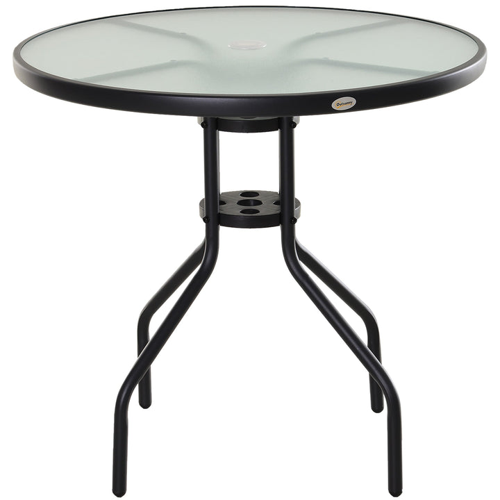 Mesa de Jardim Redonda Mesa Sala de Jantar de Cristal Temperado com Orifício para Chapéu de Sol Estrutura Metálica para Pátio Terraço Exterior Ø80x72cm Preto