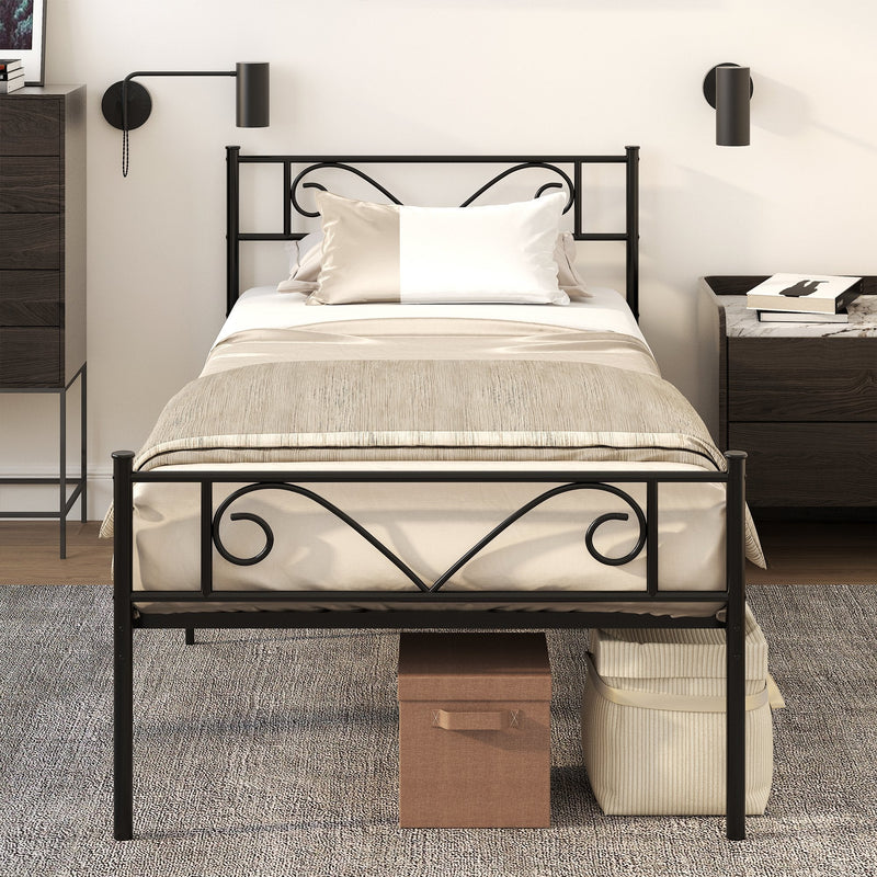 Estrutura de Cama Individual de Metal 31cm para Colchão 90x190cm com Cabeceira com Forma de Mariposa Estrutura de Cama com Espaço em Baixo de Armazenamento 95x196x100cm Preto