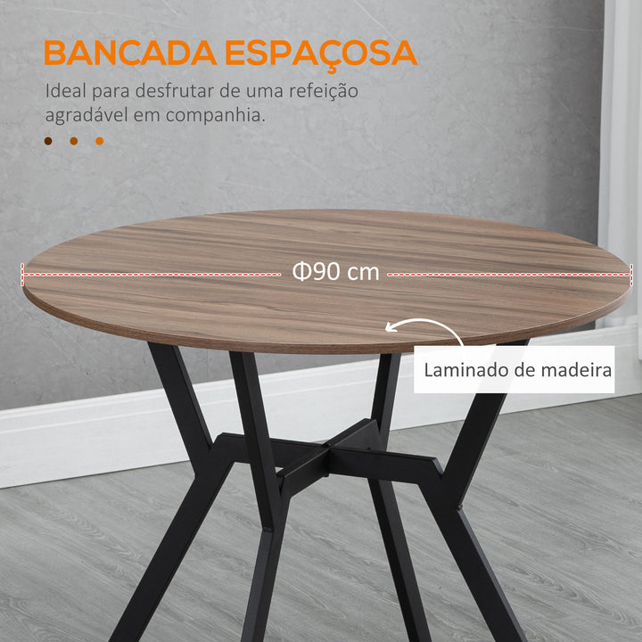 Mesa de Cozinha Redonda Mesa de Jantar Estilo Industrial com Bancada de Madeira e Estrutura de Aço para Sala de Jantar Carga 60kg Ø90x76 cm Marrom e Preto