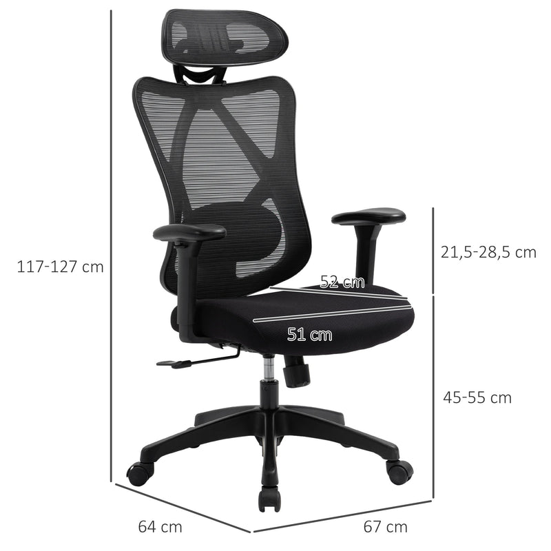 Cadeira de Escritório com Apoio para os Braços 2D Cadeira de Escritório com Altura Ajustável Apoio para a Cabeça Suporte Lombar Alto 67x64x117-127cm Preto