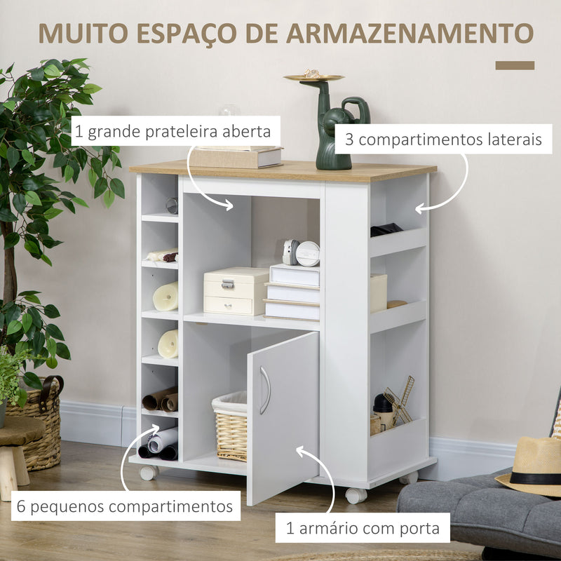 Móvel Auxiliar de Cozinha com Rodas Móvel Buffet de Cozinha com Porta Compartimentos de Armazenamento Móvel Auxiliar para Microondas de Estilo Moderno 75x39,5x88cm Branco e Carvalho