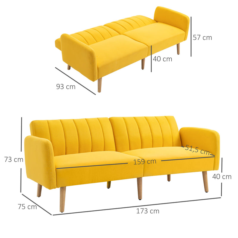 Sofá Cama de 2 Lugares com Encosto Ajustável em 3 Posições Apoio para os Braços Desmontável e Pés de Madeira Sofá Duplo Moderno para Sala de Estar Escritório 173x75x73cm Amarelo