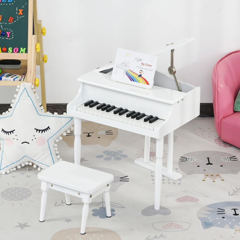 Mini piano infantil com banco 30 teclas com suporte para partitura 52x50x49 cm Branco