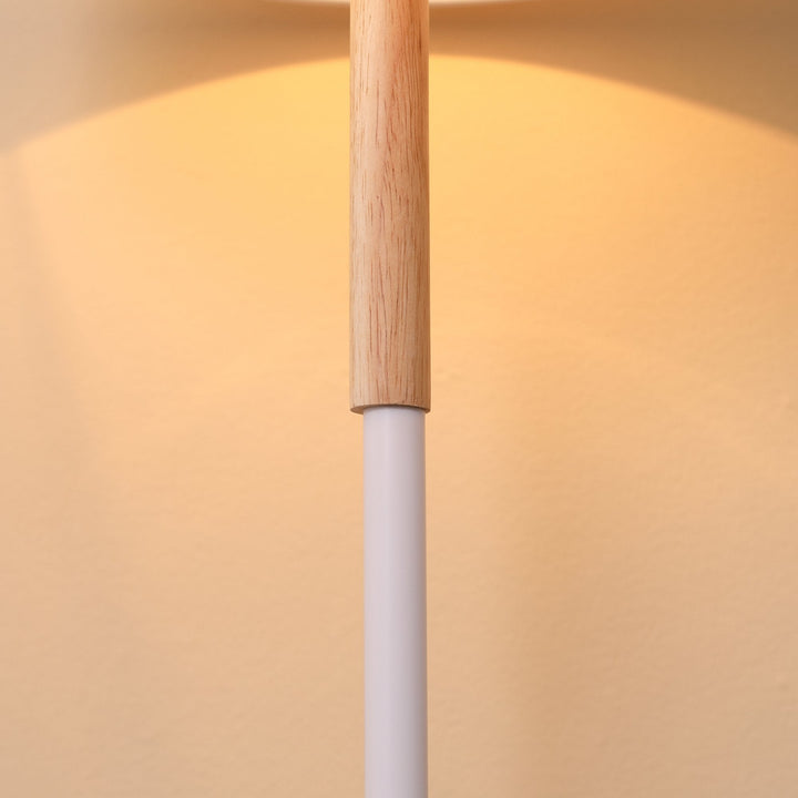 Candeeiro de Pé com Prateleira de Madeira Ecrã de Tecido Suporte para Lâmpada E27 Máx. 40W com Interruptor de Pé Moderno para Sala de Estar Dormitório Estúdio Ø35x155cm Branco