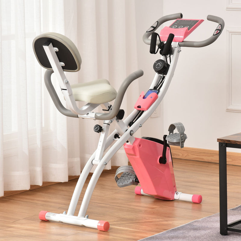 Bicicleta Estática Dobrável com Altura e Resistência Ajustáveis com Tela LCD e Assento com Encosto 51x97x115 cm Rosa