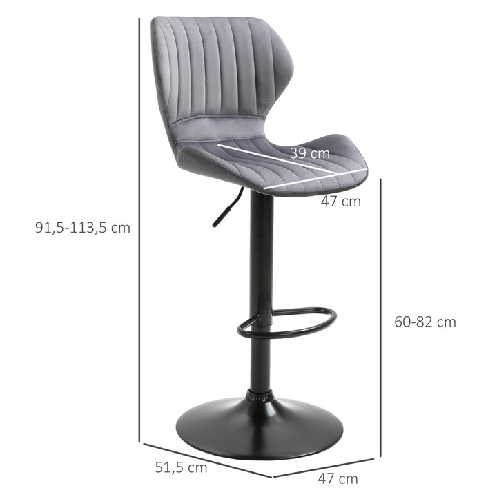 Conjunto de 2 Bancos de Bar Bancos Altos de Cozinha Giratório Altura Ajustável 91,5-113,5cm com Apoio para os Pés e Base de Metal Ø41 cm Cinza