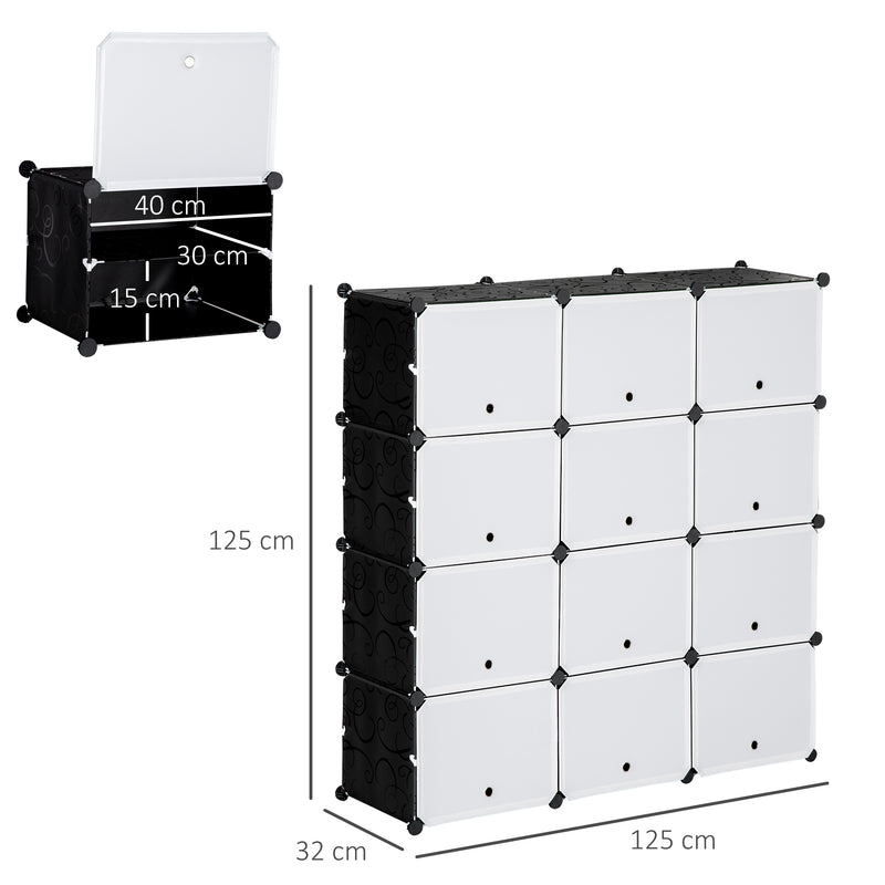 Armário Modular de Plástico Armário Portátil com 12 Cubos Organizadores de Sapatos Roupas Brinquedos para Entrada Corredor Dormitório 125x32x125cm Branco e Preto