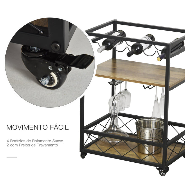 Carrinho de cozinha multifuncional com 3 prateleiras 77x44,5x91 cm Madeira rústica