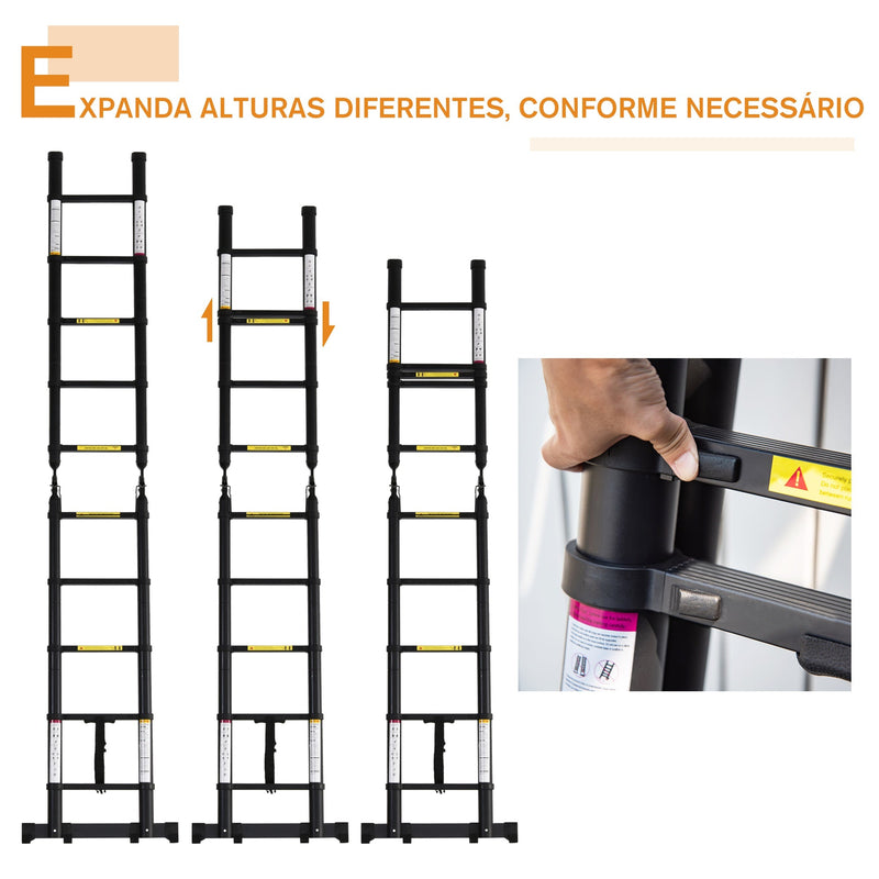 Escada Telescópica dobrável multiuso quadro em A 150kg Alumínio 320x67x7 cm Preto