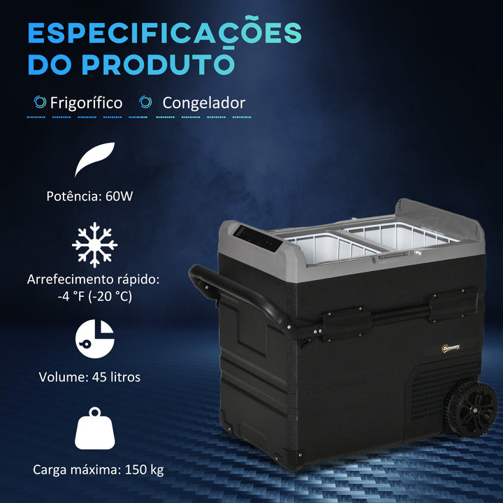 Frigorífico e Congelador de Compressor Portátil 45L Frigorífico de Carro CC 12V/24V Temperatura até -20? com Tela Tátil Alça Retrátil e Rodas 71,1x46x50,6cm Preto