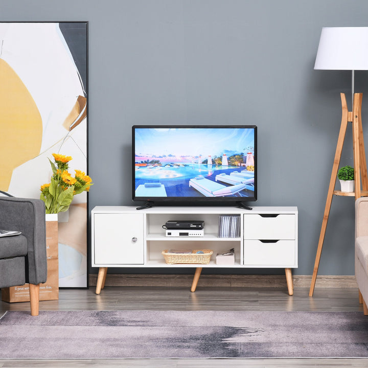 Armário de TV Grande armazenamento com armário prateleiras e gavetas abertas Carga 30 kg 120x28x44 cm Branco