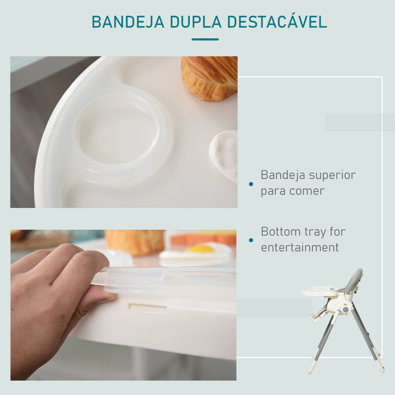 Cadeira de refeição ajustável e dobrável para bebê acima de 6 meses com bandeja dupla 55x80x104 cm Cinza