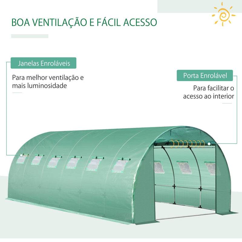 Cobertura de Estufa de Túnel 6x3x2m Cobertura de Substituição de Estufa Polietileno com 12 Janelas e Portas Enroláveis Proteção de Plantas para Jardim Verde