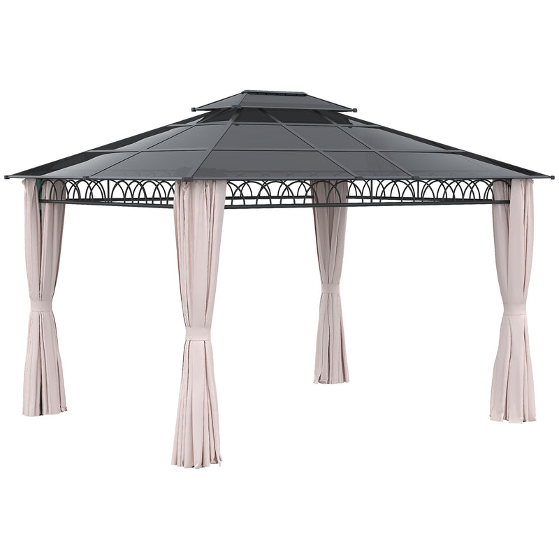 Pérgola de Jardim 3,6x3m Pérgola de Exterior com Teto Duplo de Policarbonato 4 Cortinas Laterais Mosquiteiras com Zíper e Estrutura de Alumínio para Pátio Festas Preto Cinza e Cáqui