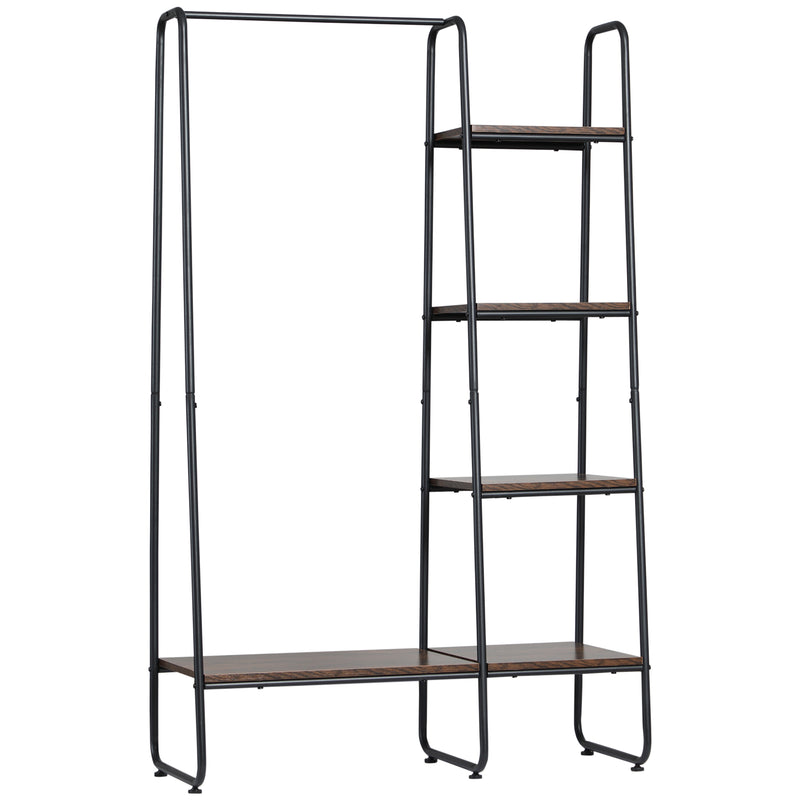 Suporte para Cabides Charriot de Madeira com 4 Prateleiras de Armazenamento e Barra de Pendurar para Dormitório Sala de Estar Entrada Estilo Industrial 101x39x160cm Café e Preto