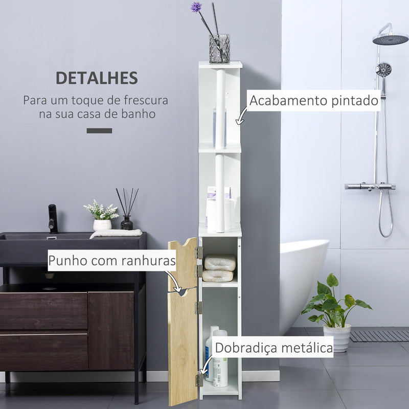 Armário Casa de Banho com 2 Portas e 2 Prateleiras Abertas Coluna Auxiliar para Casa de Banho Sala de Estar Dormitório Estilo Moderno 15,2x29,8x118cm Branco e Carvalho