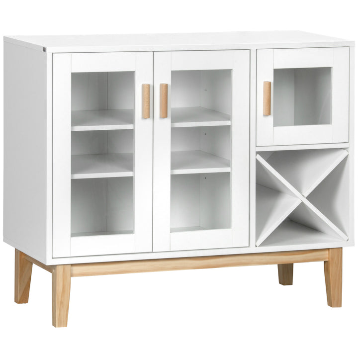 Aparador de Cozinha com 3 Portas de Vidro e Suporte para Garrafas em Forma de X para 4 Garrafas Móvel Buffet Auxiliar para Sala de Jantar Estilo Moderno Anti-Tombo 90x37x75cm Branco