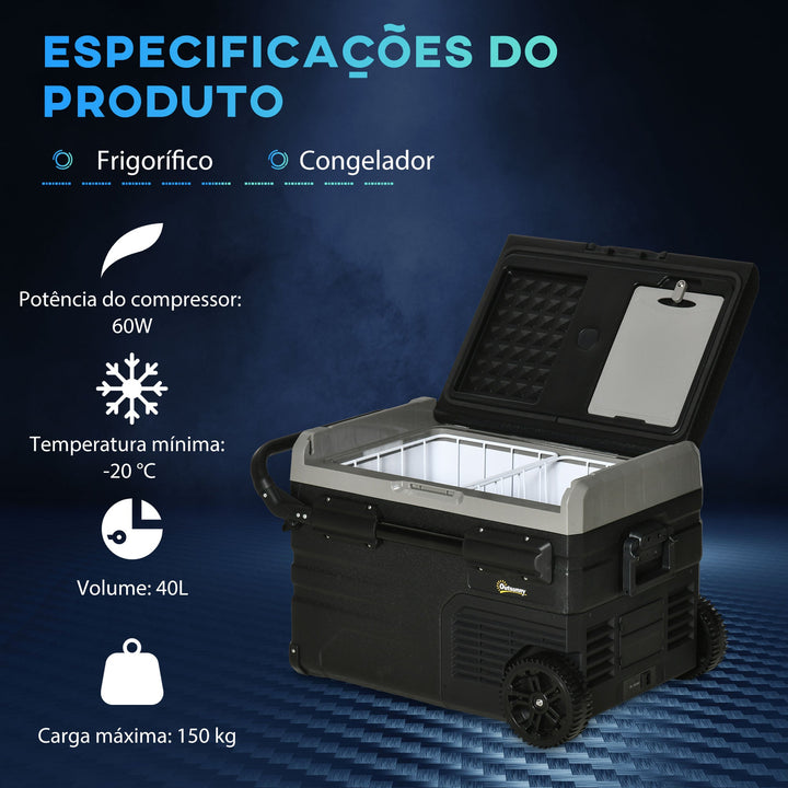 Frigorífico e Congelador de Compressor Portátil 40L Refrigerador de Carro CC 12V/24V até -20? com Ecrã LED Tátil Alça Retrátil e Rodas 71,1x46x44 cm Preto