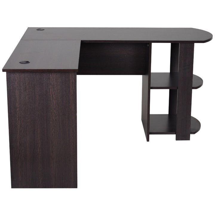 Mesa de Computador PC Escritório para Oficina Casa Tipo Esquineira Forma L com Estantes - Marrom Escuro - 136,2x130,4x72cm