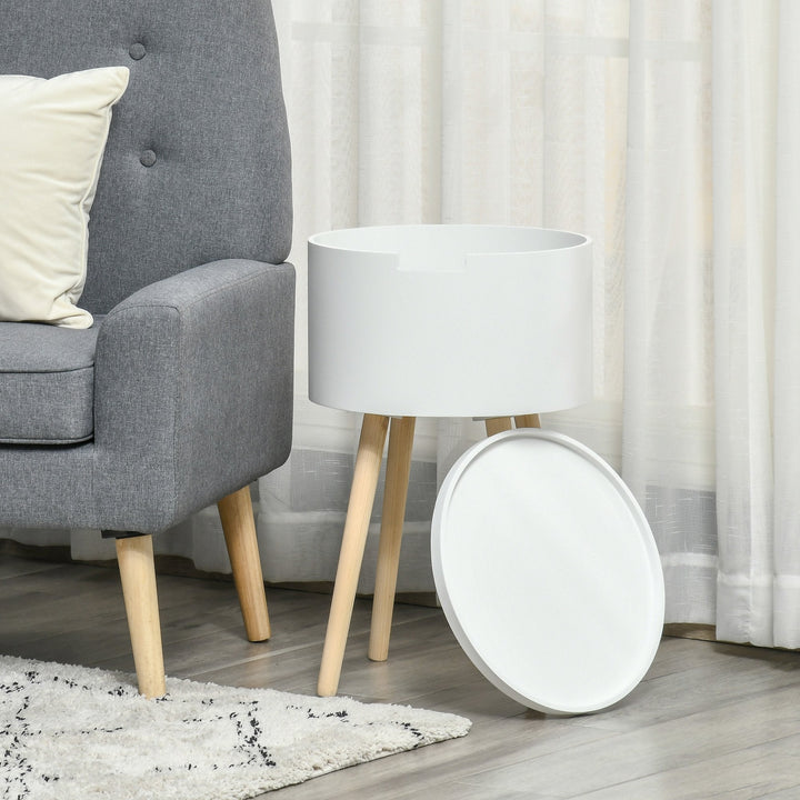 Mesa Auxiliar para Sala de Estar Moderna Mesa de Cabeceira com Tampa Removível Espaço de Armazenamento e Pés de Madeira para Dormitórios Ø38x63cm Branco