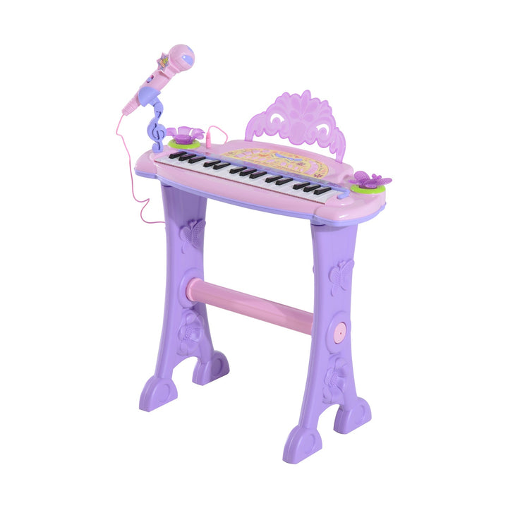 Órgão Eléctrico Infantil 37 Teclas Piano Infantil com Microfone Banquinho Luzes Ritmos Sons MP3 Karaoke Modo Aprender Rosa