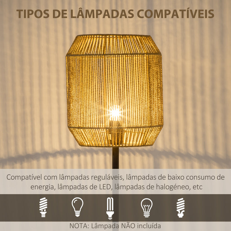 Candeeiro de Pé para Sala de Estar Lâmpada E27 Máx. 40W Candeeiro de Pé com Ecrã de Corda de Papel e Interruptor de Pé para Cozinha Dormitório Ø26x158cm Natural e Preto