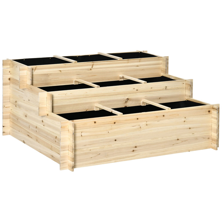 Caixa de Plantio de Madeira de 3 Níveis Horta Vertical em Escada com Malha Geotextil para Cultivos de Plantas Flores para Jardim Terraço Exterior 117x100x54cm Natural