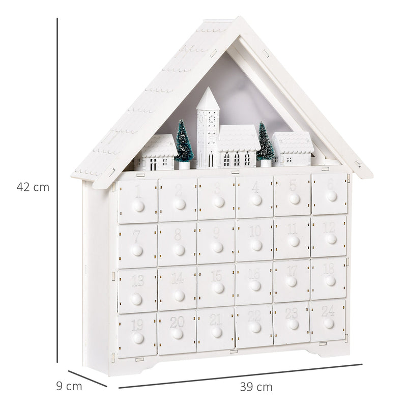 Calendário de Advento de Natal Madeira com 24 Gavetas e Luzes LED Decoração de Natal Modelo Casinha 39x9x42cm Branco