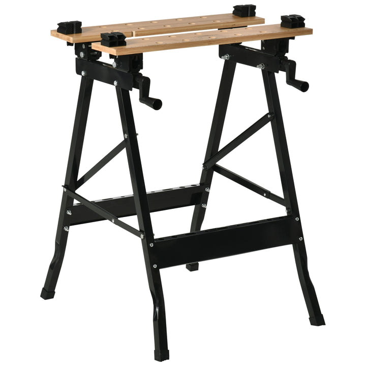 Bancada de Trabalho Dobrável Portátil com Placas Ajustáveis em Ângulo e Distância Bambú e Aço Carga Máx. 150kg 63,5x60x5x78cm Madeira Natural e Preto