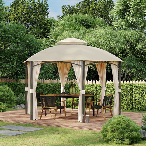 Pérgola de Jardim Hexagonal 4x4m Pérgola de Exterior com Teto Duplo de Ventilação 6 Cortinas Laterais 6 Telas Mosquiteiras com Zíper para Festas Pátio Cáqui