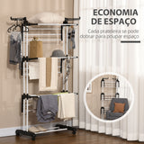 Estendal Dobrável para Roupa com Rodas Estendal Vertical de Aço com 3 Níveis Laterais Dobráveis Carga Máxima 70kg 73x64x177cm Preto e Branco