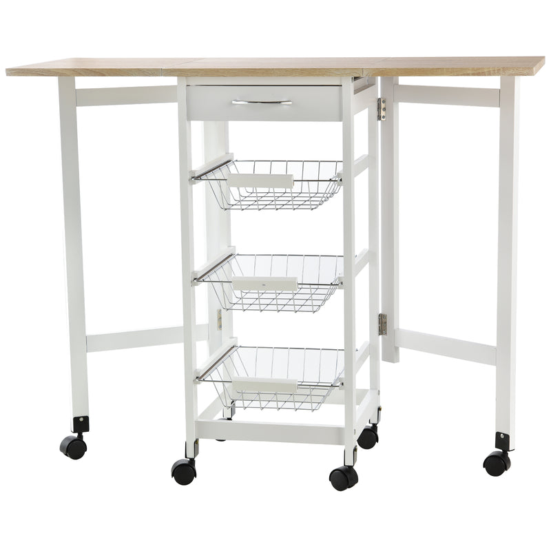 Carrinho de Cozinha Dobrável Carrinho Auxiliar com Rodas 1 Gaveta e 3 Cestos de Metal Carrinho de Serviço Multifuncional para Armazenamento Carga 50 kg 97,2x37x77,5 cm Branco e Madeira