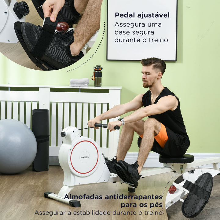 Máquina de Remo Magnético Máquina de Remo Dobrável com Resistência de 8 Níveis Ecrã LCD e 2 Rodas de Transporte para Ginásio Carga Máxima 130 kg 180x48x60 cm Branco