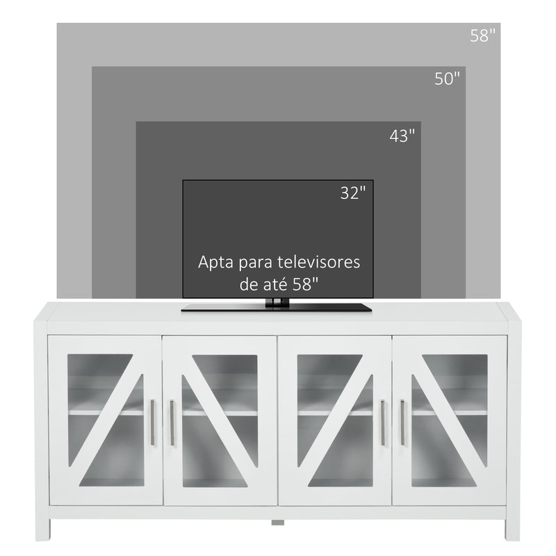 Móvel de TV Sala de Estar para Televisores de até 58" com 4 Portas de Vidro Temperado Prateleiras Ajustáveis e 4 Orifícios para Cabos 130x35x60 cm Branco