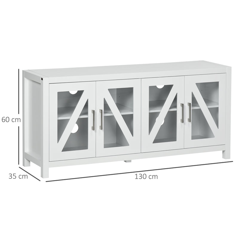 Móvel de TV Sala de Estar para Televisores de até 58" com 4 Portas de Vidro Temperado Prateleiras Ajustáveis e 4 Orifícios para Cabos 130x35x60 cm Branco