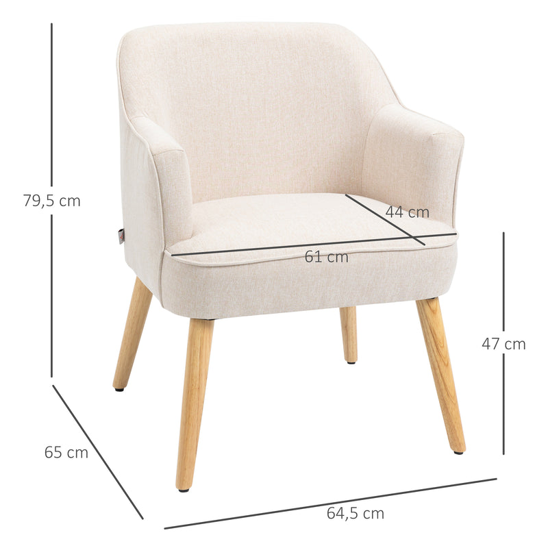 Poltrona Estilo Nórdico Poltrona para Sala de Estar Estofada em Linho com Pés de Madeira para Dormitório Escritório Estúdio Carga 120 kg 64,5x65x79,5 cm Creme