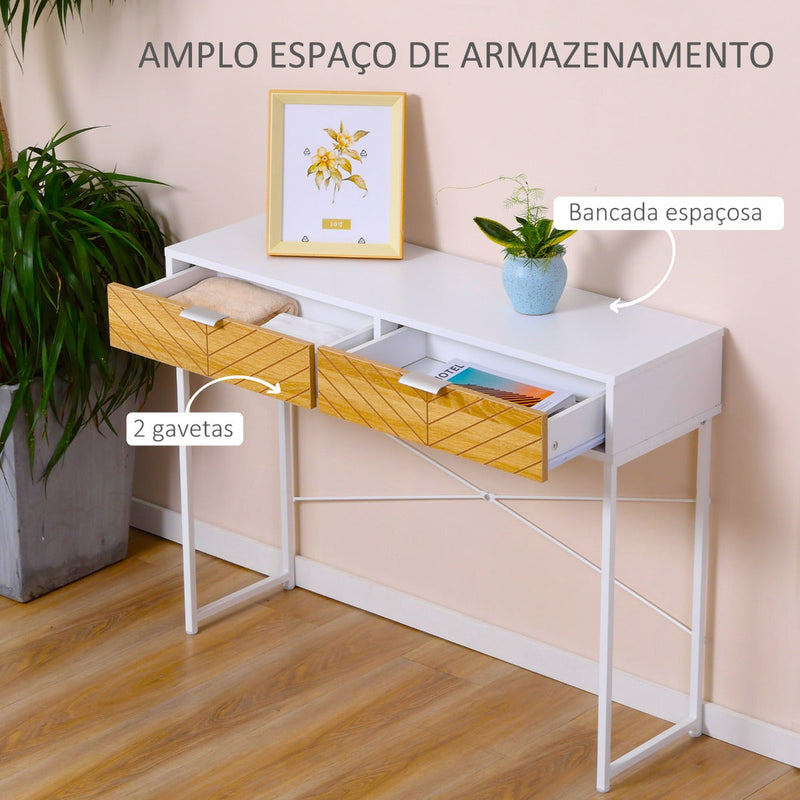 Mesa Consola 100x30x75cm Mesa de Entrada Moderno com 2 Gavetas de Armazenamento e Estrutura de Metal para Corredor Sala de Estar Branco