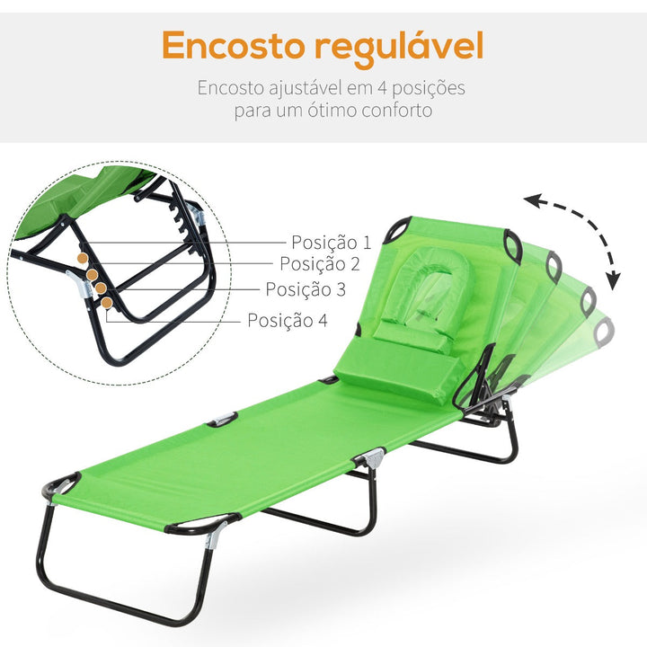 Espreguiçadeira Dobrável com Encosto Ajustável em 4 Posições Espreguiçadeira de Jardim com Almofada Estrutura de Aço Tecido Oxford para Acampamento Praia Terraço 190x56x28cm Verde