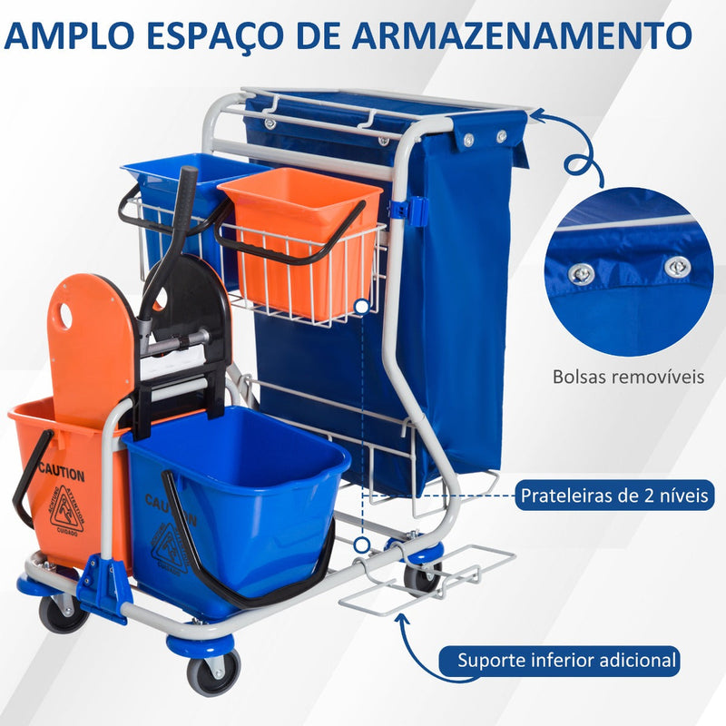 Carro de Limpeza Profissional com Balde Duplo Removível de 18 Litros Escorredor 2 Baldes Auxiliares e Bolsa de Lixo 100x70x103cm Azul e Laranja