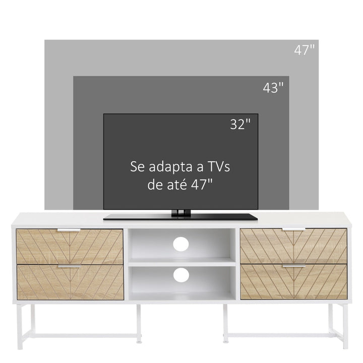 Móvel de TV de até 47 Polegadas Móvel de Sala de Estar Moderno com 4 Gavetas 2 Prateleiras Abertas e Orifício Passa Cabos 120x39x48cm Branco e Carvalho
