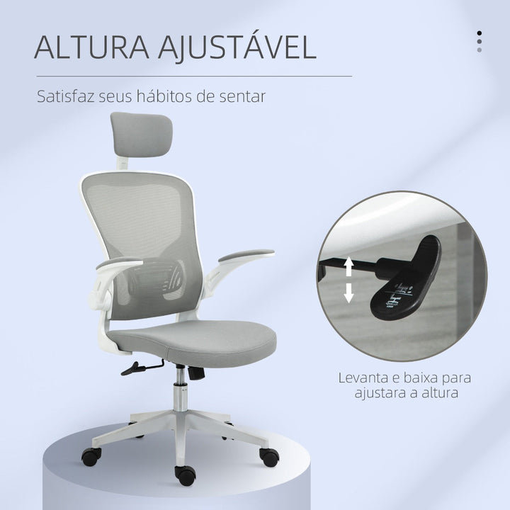 Cadeira de Escritório de Malha Ergonómica Cadeira de Escritório com Altura Ajustável Apoio para os Braços Dobrável Apoio para a Cabeça e Suporte Lombar Ajustáveis 65x64x114-122cm Cinza