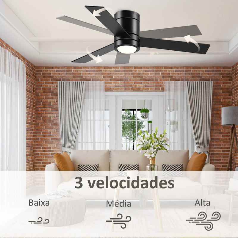 Ventoinha de Teto 48W com Luz LED Controle Remoto 3 Velocidades Temporizador 3 Lâminas de Madeira para Dormitório Sala de Estar Sala de Jantar Ø112x25cm Preto