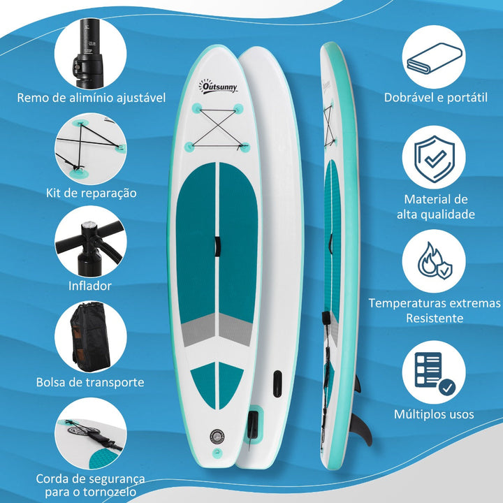 Prancha de Paddle Surf Inflável 320x76x15cm Dobrável com Remo de Alumínio Ajustável Desmontável Bolsa de Transporte e Acessórios Branco e Turquesa