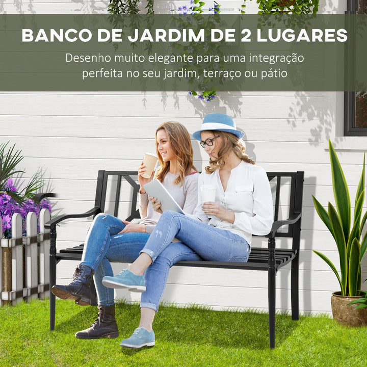 Banco de Jardim de 2 Lugares Banco de Exterior de Aço com Apoio para os Braços e Encosto Decorativo para Terraço Varanda Pátio Carga 280kg 128x62,5x81,5cm Preto