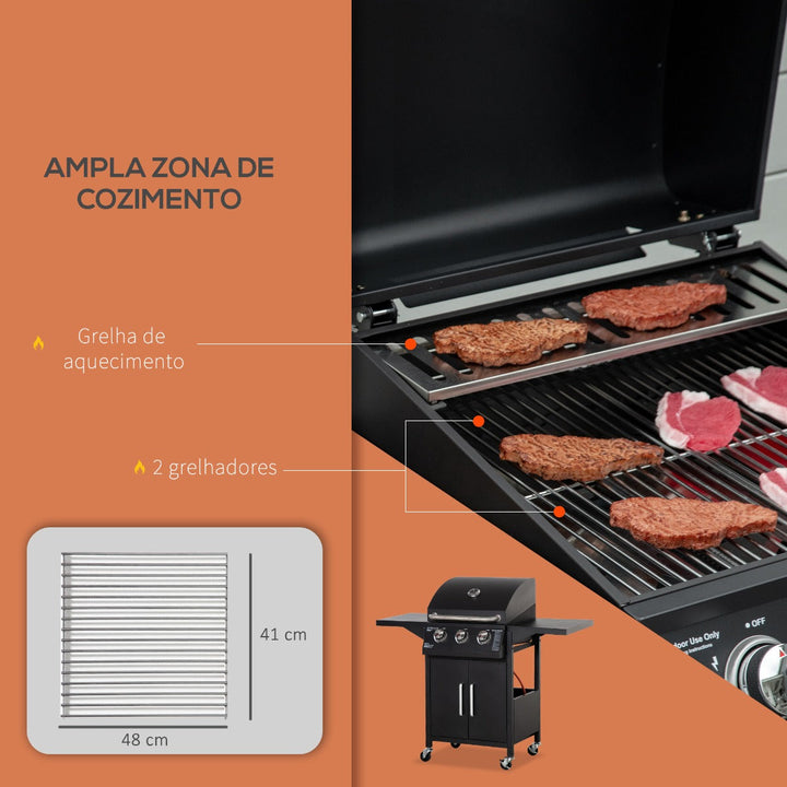 Churrasqueira a Gás com 3 Queimadores Termômetro Churrasqueira a Gás com 2 Prateleiras Laterais Armário de 2 Portas 4 Rodas e Freios Aço de Carbono 121x55x109cm Preto