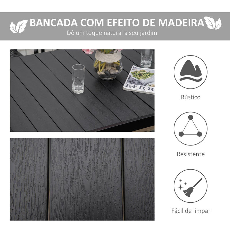 Mesa de Jardim Retangular Mesa de Exterior para 6 Pessoas com Bancada de Ripas e Estrutura de Alumínio para Terraço Balcão 140x90x74cm Preto