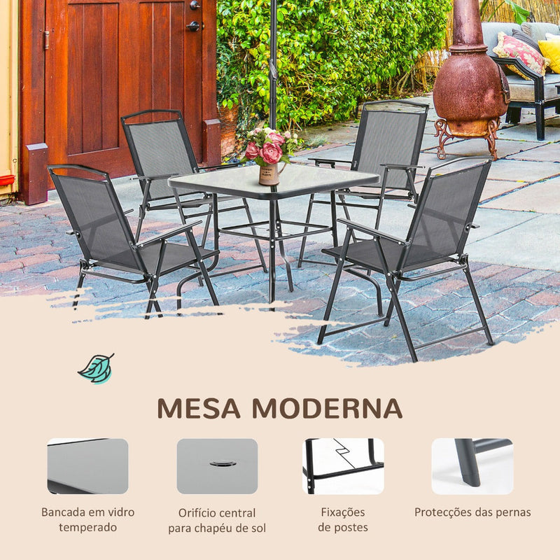 Conjunto de Móveis de Jardim com 4 Cadeiras Dobráveis Mesa de Jardim de Vidro e Chapéu de Sol Inclinável Proteção Solar para Pátio Terraço Exterior 80x80x70cm Preto