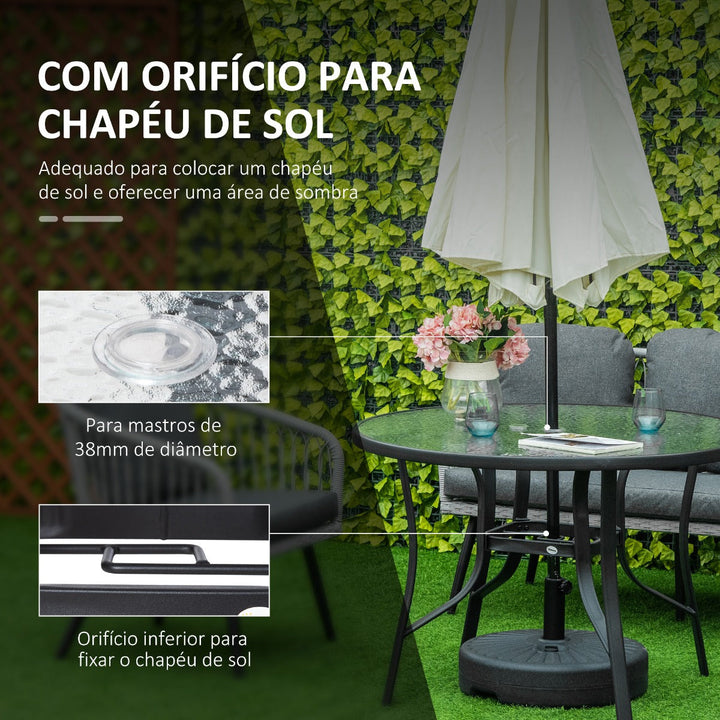 Mesa de Cristal de Jardim com Orifício para Chapéu de Sol Mesa Redonda de Exterior Terraço Varanda com Estrutura de Aço Ø106,5x71cm Transparente e Preto