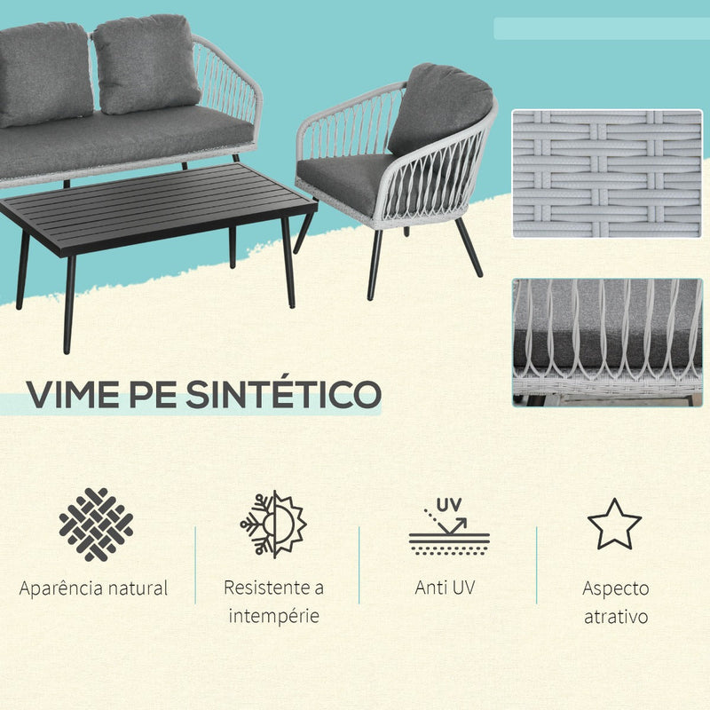 Conjunto de Móveis de Vime Conjunto de Móveis de Jardim 4 Peças Mesa de Centro de Alumínio Sofá 3 Lugares e 2 Poltronas com Almofadas para Terraço Exterior Cinza