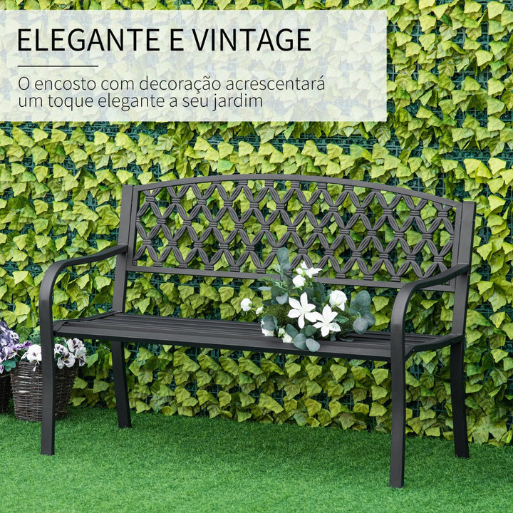 Banco de Jardim de 2 Lugares com Encosto Decorativo e Apoio para os Braços para Terraço Varanda Pátio Exterior Carga 280kg Ferro Fundido e Aço 128x58,5x89cm Preto